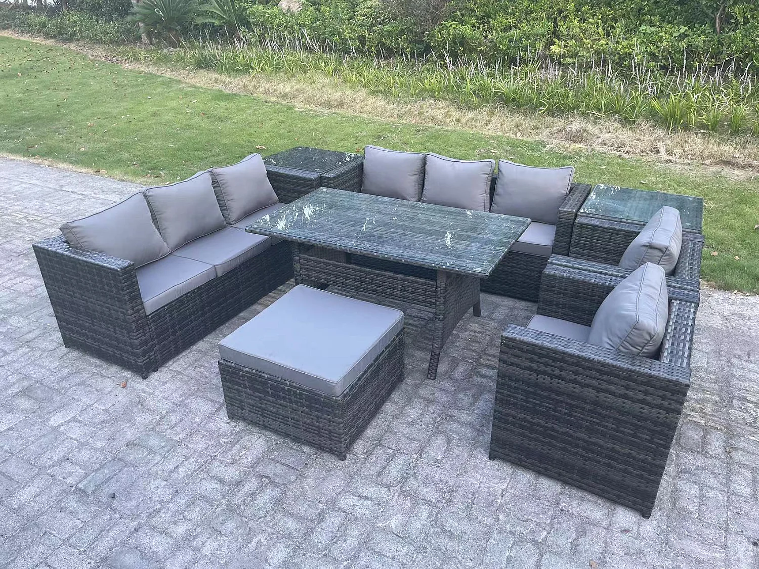 Fimous 9 Seater Outdoor Wicker Garden Furniture Rattan Lounge Sofa Set Patio Rectangular Dining Table with 2 Armchair 2 Side Table Stool Dark Grey Mixed