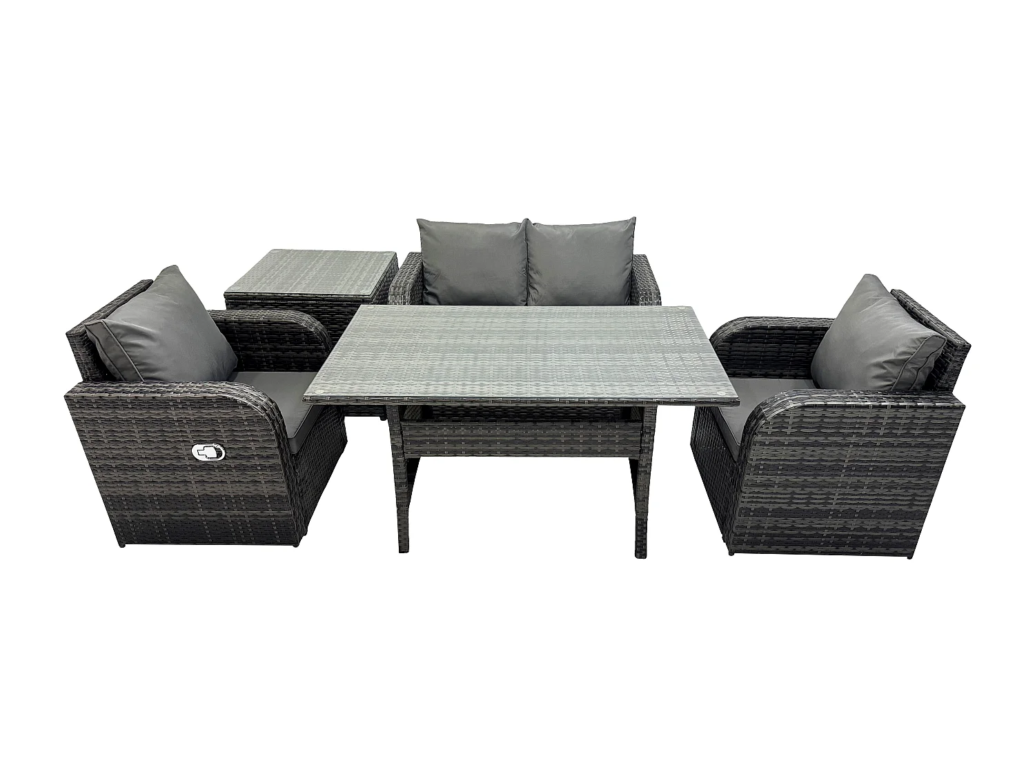 Fimous Outdoor Rattan Garden Furniture Lounge Sofa Set With Oblong Rectangular Dining Table 2 PC Reclining Chair Side Table