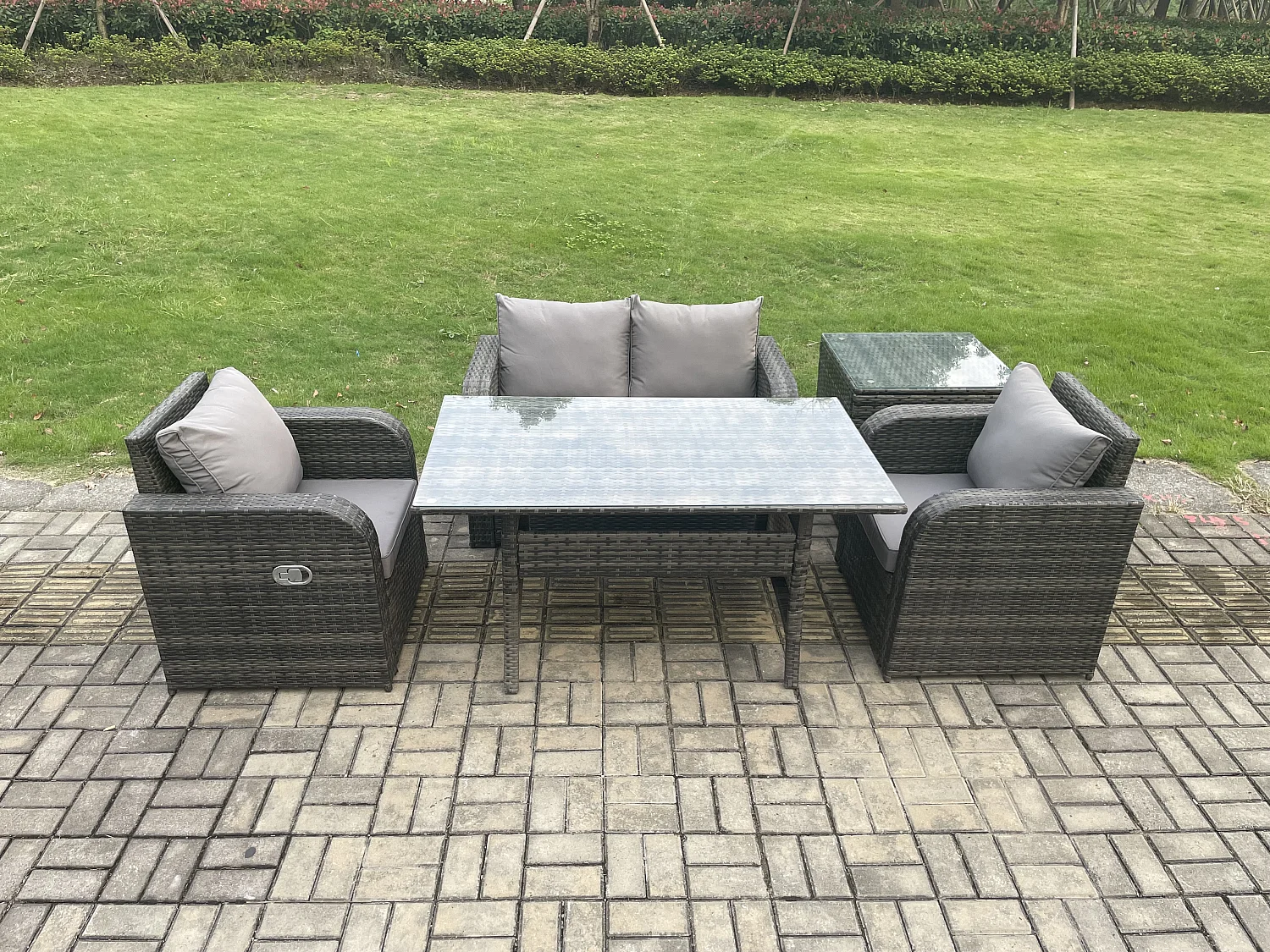 Fimous Outdoor Rattan Garden Furniture Lounge Sofa Set With Oblong Rectangular Dining Table 2 PC Reclining Chair Side Table