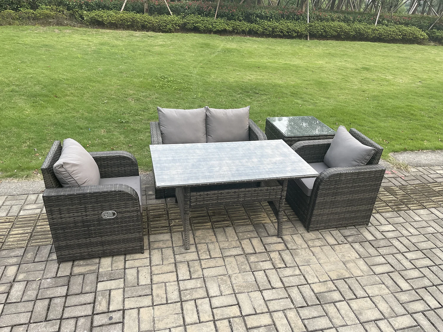 Fimous Outdoor Rattan Garden Furniture Lounge Sofa Set With Oblong Rectangular Dining Table 2 PC Reclining Chair Side Table