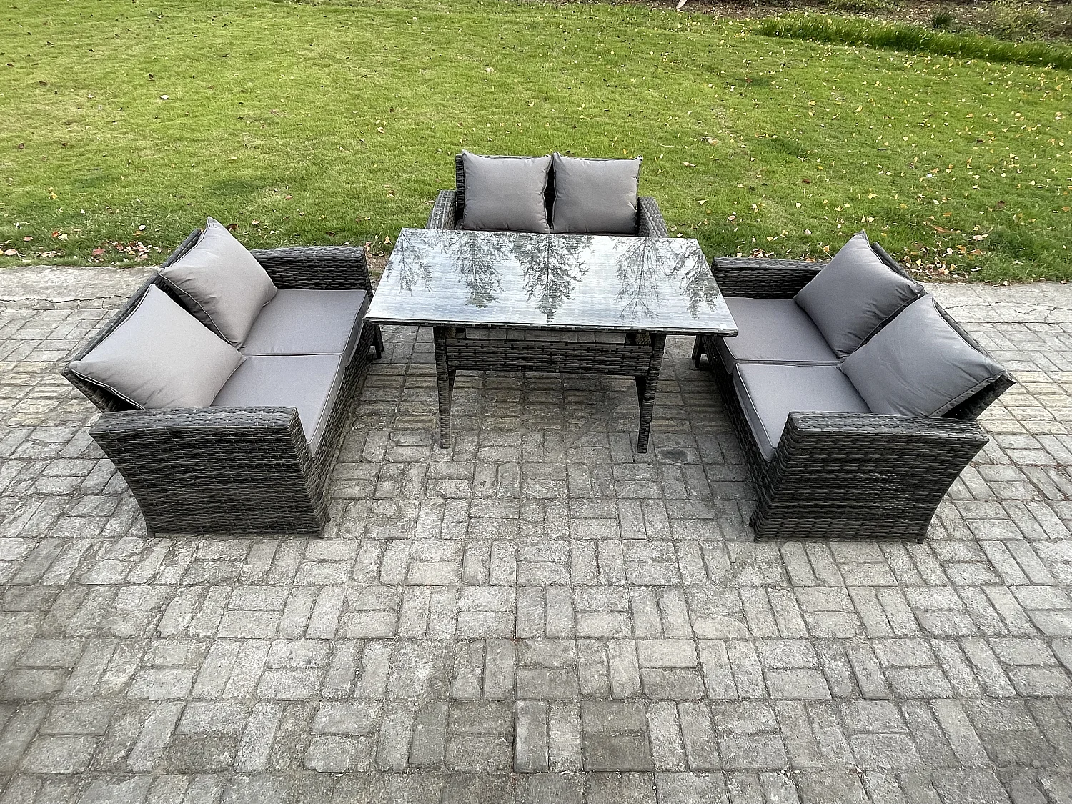 6 Sitzer Polyrattan Gartenmöbel Set Terrassen Set mit Esstisch Doppelsitzsofa