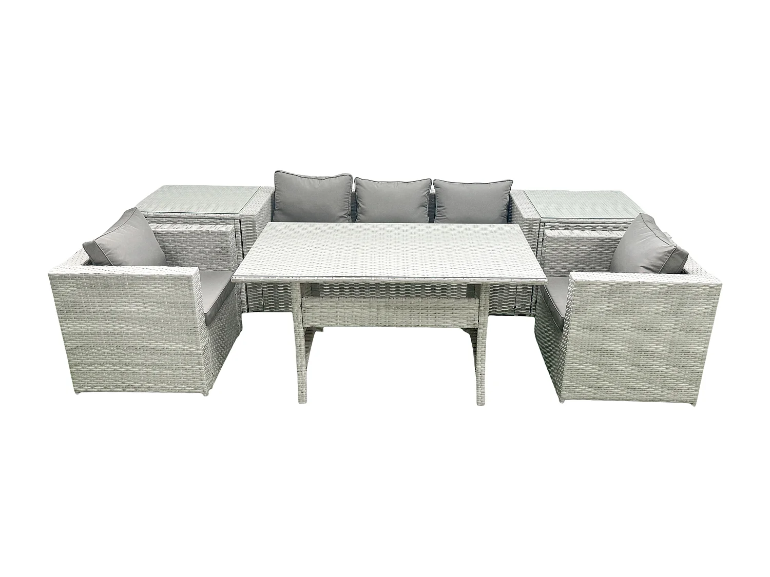 Fimous Garden Dining Set Outdoor Rattan Furniture Set with Sofa Dining Table 2 Chairs 2 Side Tables Light Grey Mixed