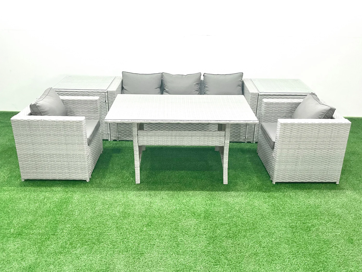 Fimous Garden Dining Set Outdoor Rattan Furniture Set with Sofa Dining Table 2 Chairs 2 Side Tables Light Grey Mixed