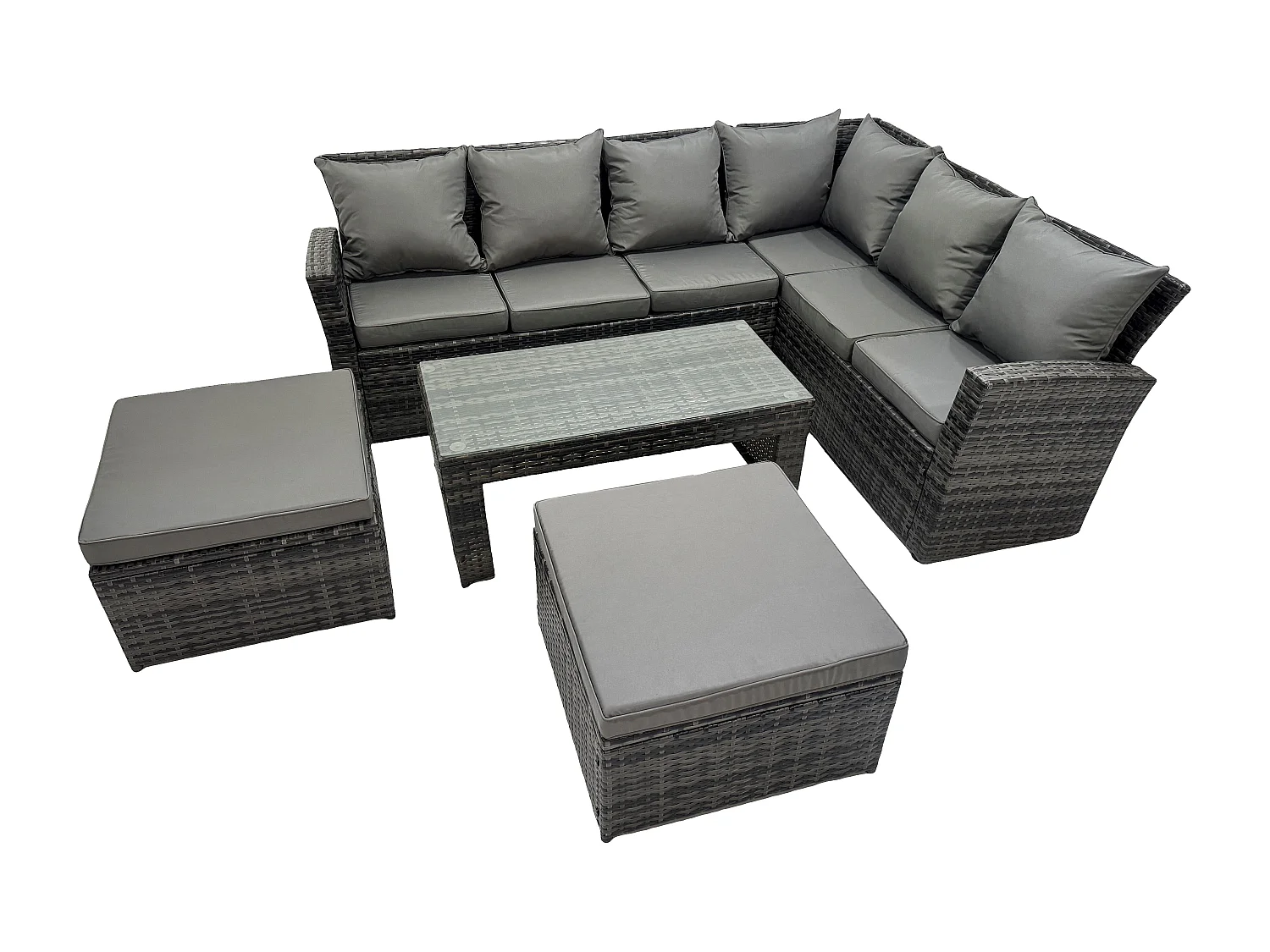 Fimous 8 Seater Wicker PE Outdoor Garden Furniture Set High Back Rattan Corner Sofa Set with 2 Big Footstool Rectangular Coffee Table