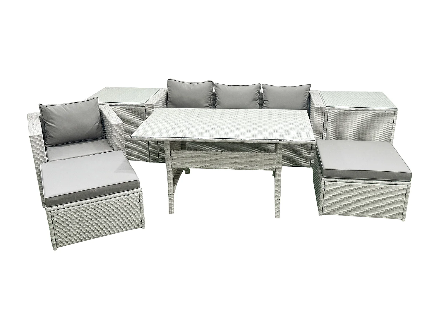 Polyrattan Gartenmöbel-Set Outdoor 6 Sitzer mit Glasplatte Esstisch 2 Beistelltischen Hellgrau gemischt