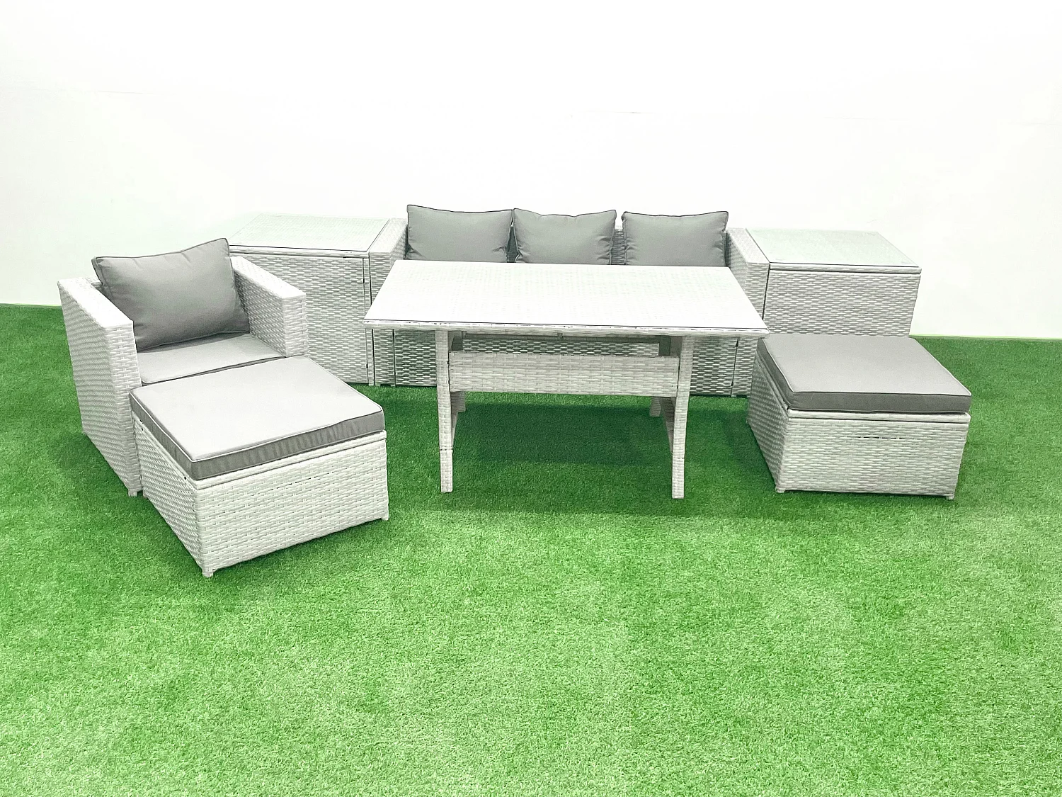 Polyrattan Gartenmöbel-Set Outdoor 6 Sitzer mit Glasplatte Esstisch 2 Beistelltischen Hellgrau gemischt