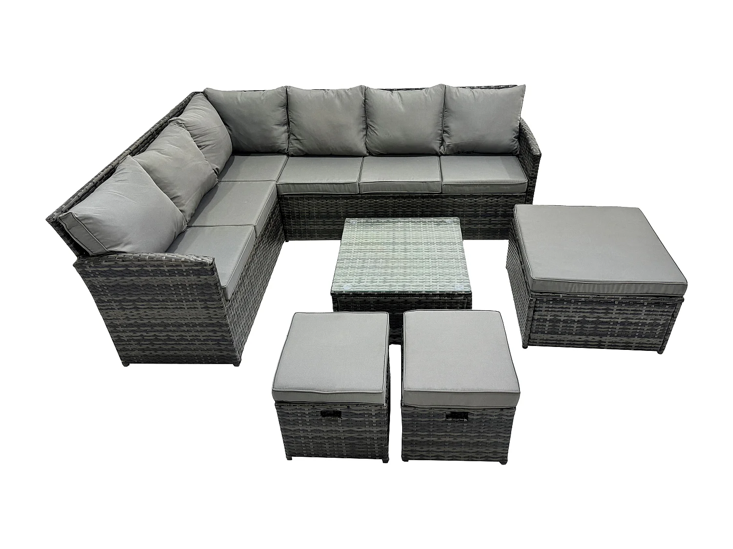 9 Sitzer Rattan Gartenmöbel Set Ecksofa Set aus Polyrattan mit Quadratischer Couchtisch 3 Fußhockern Dunkelgrau gemischt