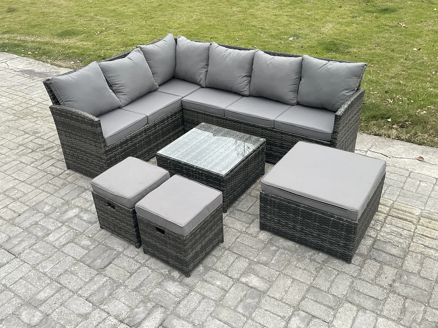 9 Sitzer Rattan Gartenmöbel Set Ecksofa Set aus Polyrattan mit Quadratischer Couchtisch 3 Fußhockern Dunkelgrau gemischt