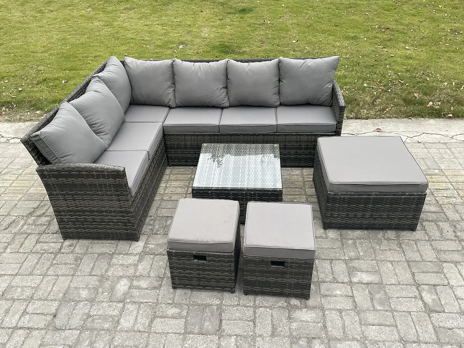 9 Sitzer Rattan Gartenmöbel Set Ecksofa Set aus Polyrattan mit Quadratischer Couchtisch 3 Fußhockern Dunkelgrau gemischt