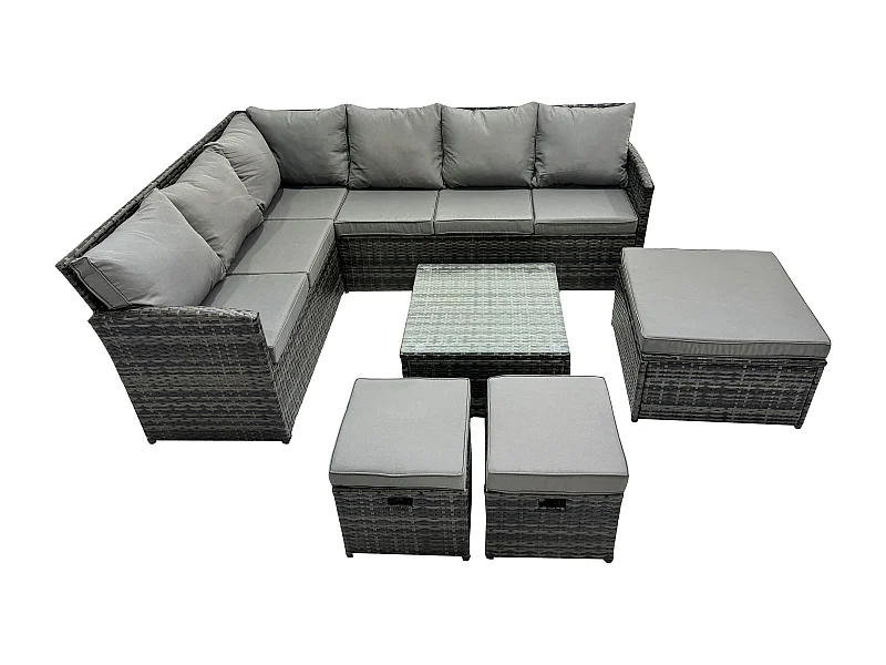 9 Sitzer Rattan Gartenmöbel Set Ecksofa Set aus Polyrattan mit Quadratischer Couchtisch 3 Fußhockern Dunkelgrau gemischt