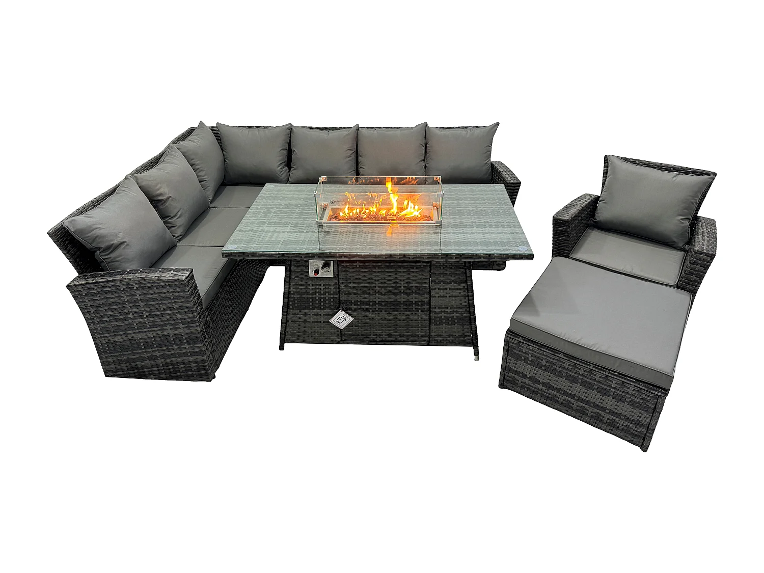 Fimous 8 Seater Outdoor Rattan Gas Fire Pit Sofa Dining Set Garden Furniture Heater Dining Table Chair Dark Grey Mixed Left Side