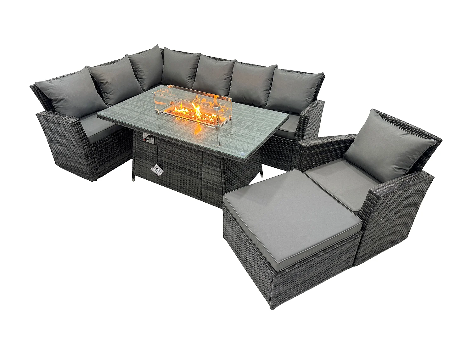 Fimous 8 Seater Outdoor Rattan Gas Fire Pit Sofa Dining Set Garden Furniture Heater Dining Table Chair Dark Grey Mixed Left Side