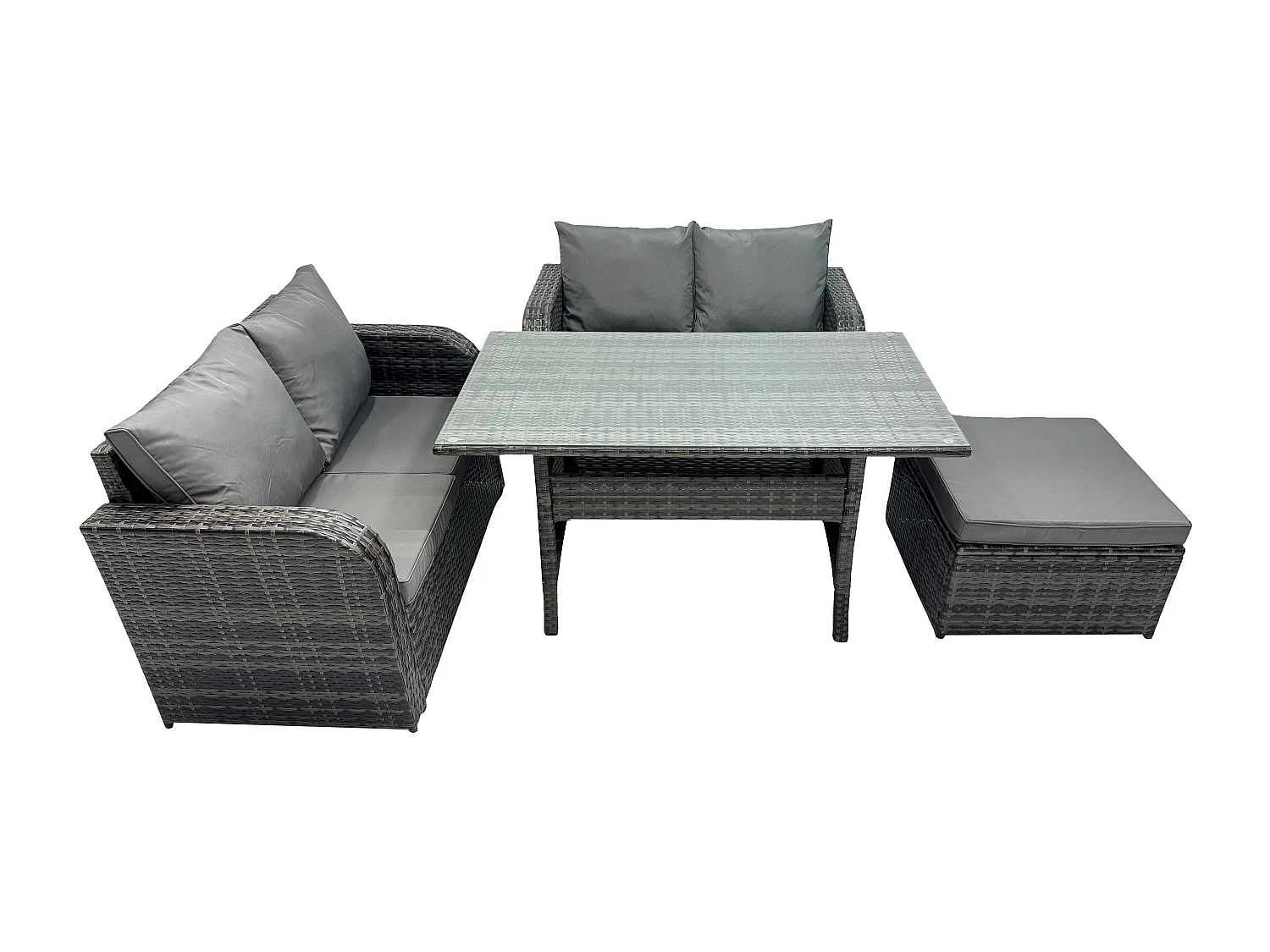 Fimous Garden Patio Furniture Wicker Rattan Oblong Rectangular Dining Table and Loveseat Sofa set with Big Footstool Dark Grey Mixed