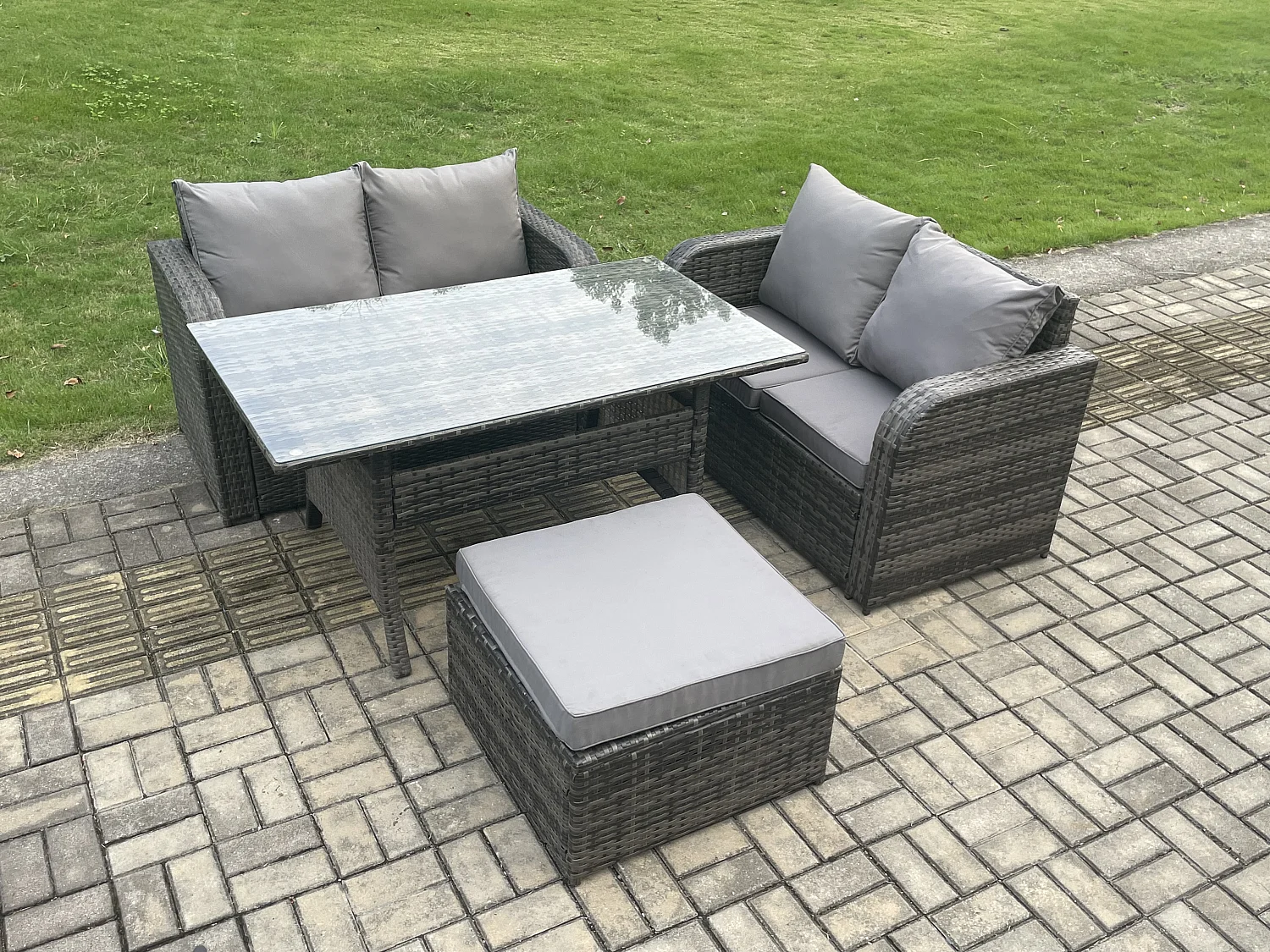 Fimous Garden Patio Furniture Wicker Rattan Oblong Rectangular Dining Table and Loveseat Sofa set with Big Footstool Dark Grey Mixed