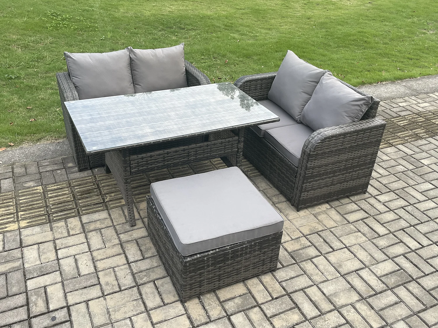 Fimous Garden Patio Furniture Wicker Rattan Oblong Rectangular Dining Table and Loveseat Sofa set with Big Footstool Dark Grey Mixed