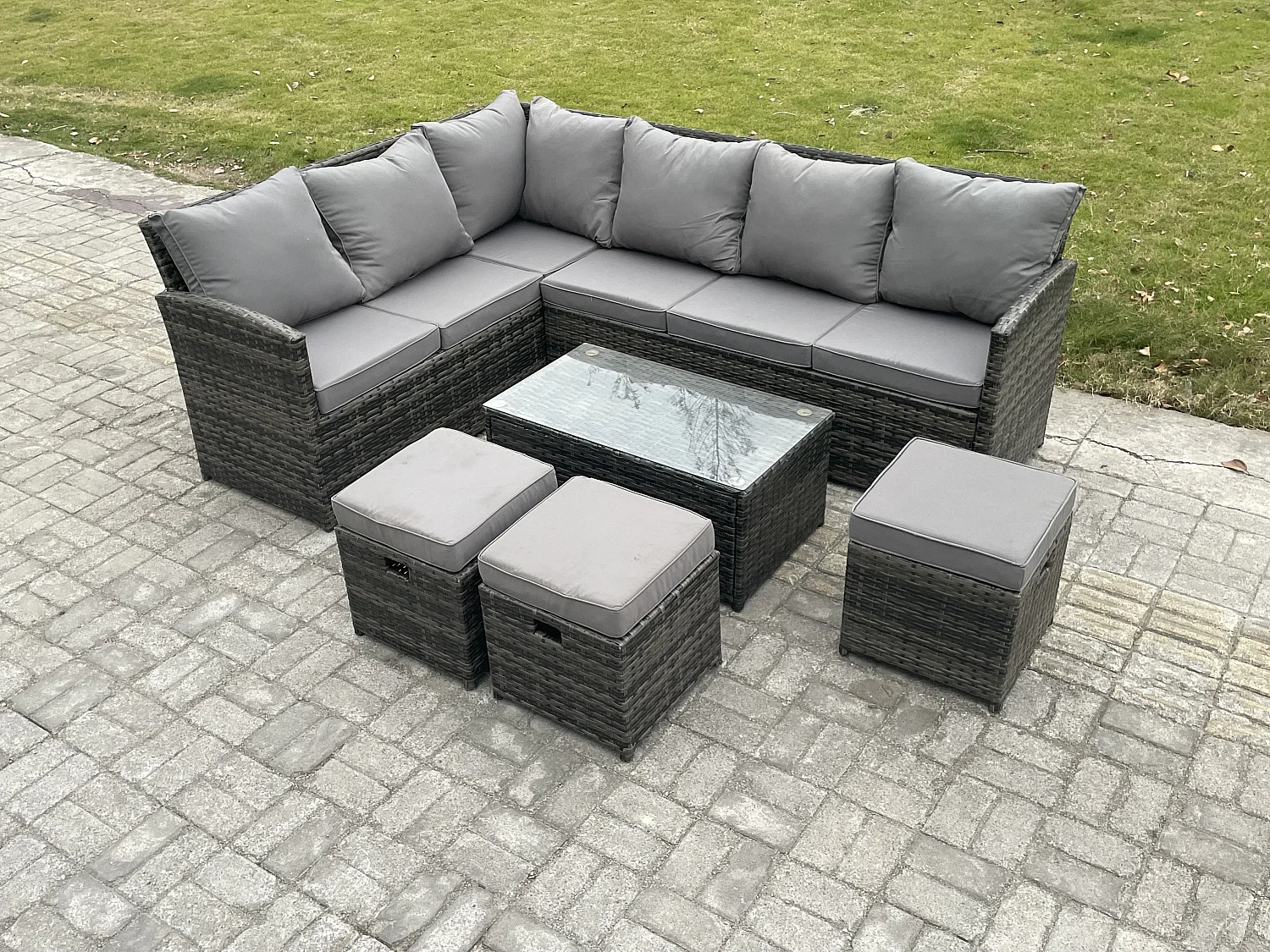 Gartenmöbel-Set aus Rattan mit Rechteckiger Couchtisch 3 Kleine Hockern Dunkelgrau gemischt