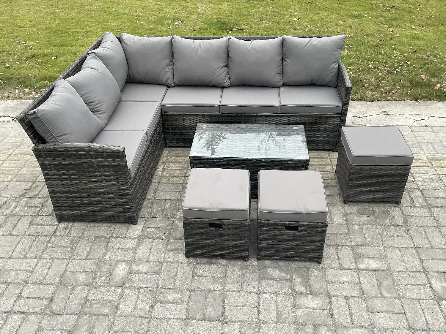 Gartenmöbel-Set aus Rattan mit Rechteckiger Couchtisch 3 Kleine Hockern Dunkelgrau gemischt