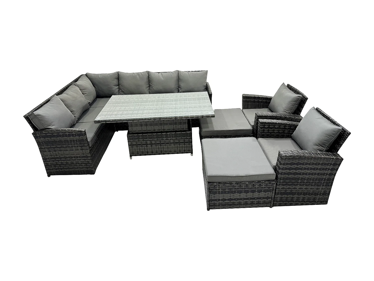 Fimous Outdoor Garden Furniture Set Wicker PE Rattan Height Adjustable Rising Lifting Table Sofa Dining Set with 2 Big Footstool 2 Armchairs Dark Grey Mixed