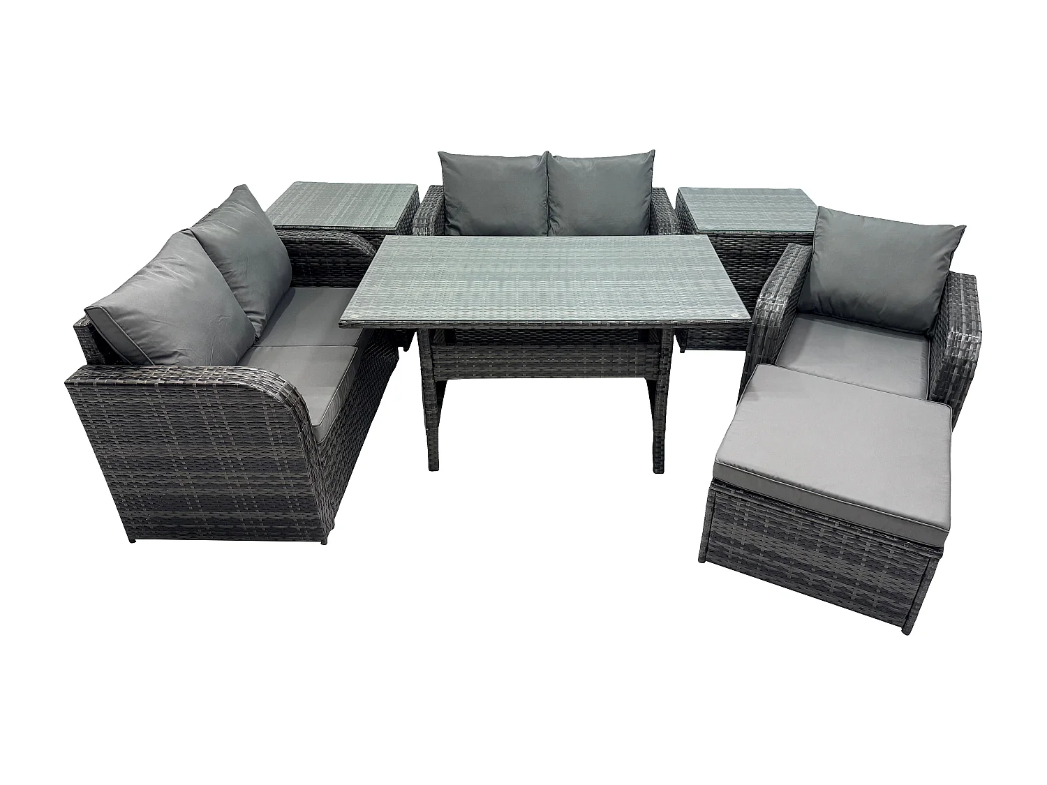 Fimous Lounge Rattan Sofa Set Outdoor Garden Furniture Oblong Rectangular Dining Table With Chairs 2 Side Tables Big Footstool Dark Grey Mixed