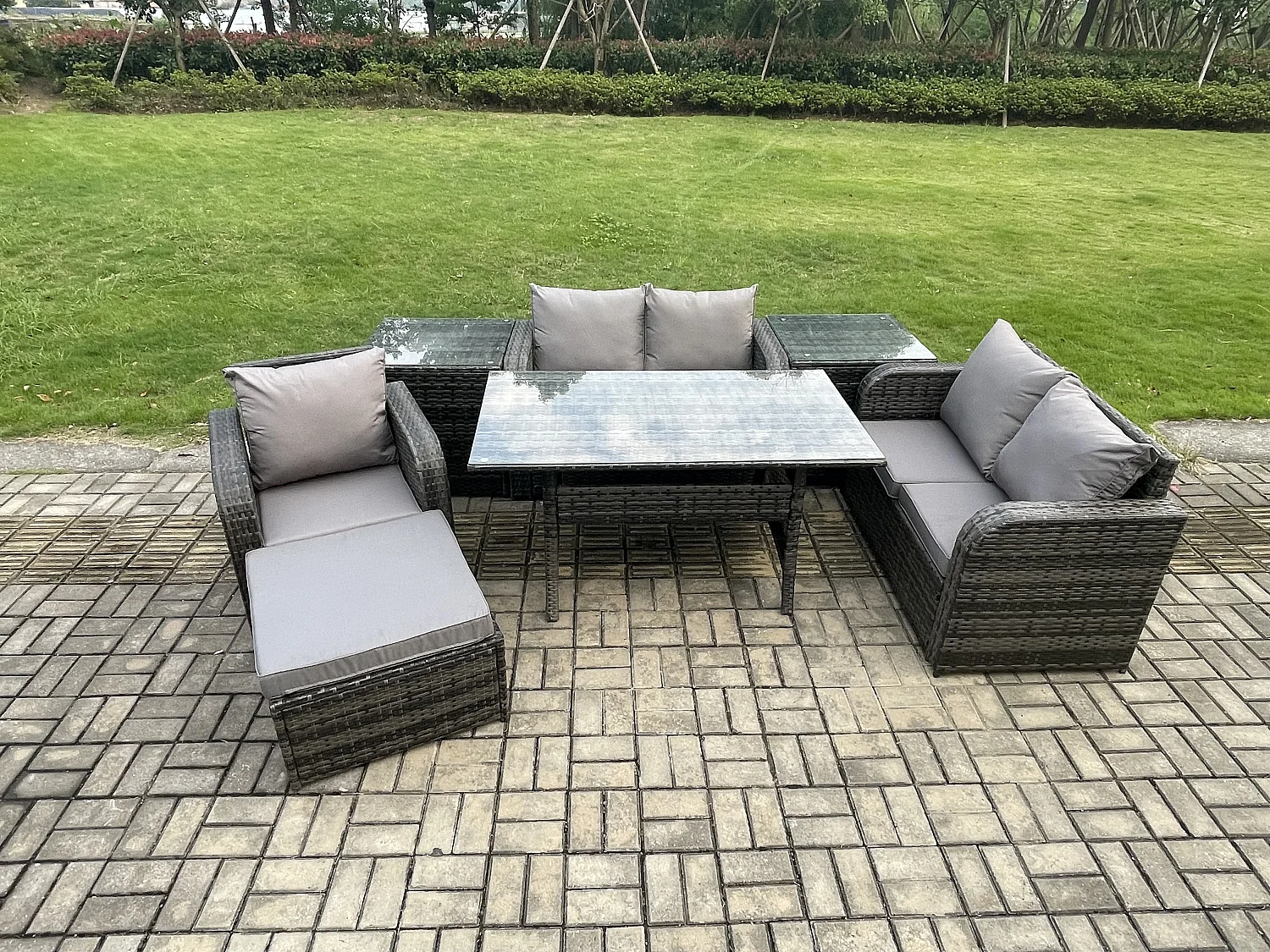 Fimous Lounge Rattan Sofa Set Outdoor Garden Furniture Oblong Rectangular Dining Table With Chairs 2 Side Tables Big Footstool Dark Grey Mixed