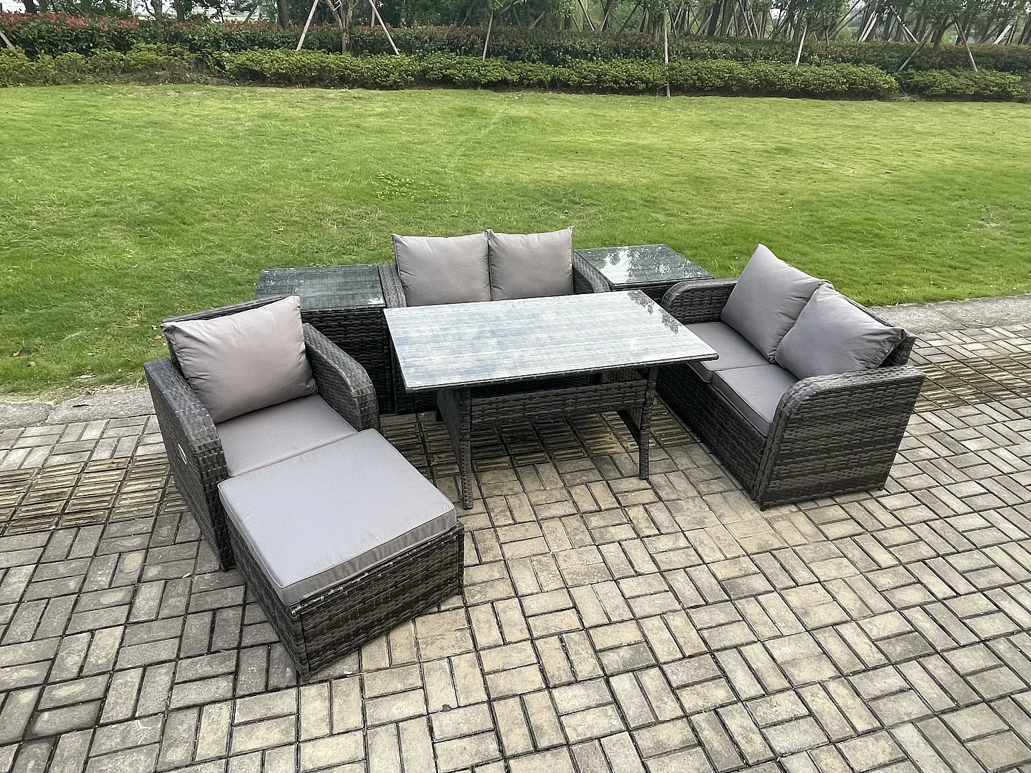 Fimous Lounge Rattan Sofa Set Outdoor Garden Furniture Oblong Rectangular Dining Table With Chairs 2 Side Tables Big Footstool Dark Grey Mixed