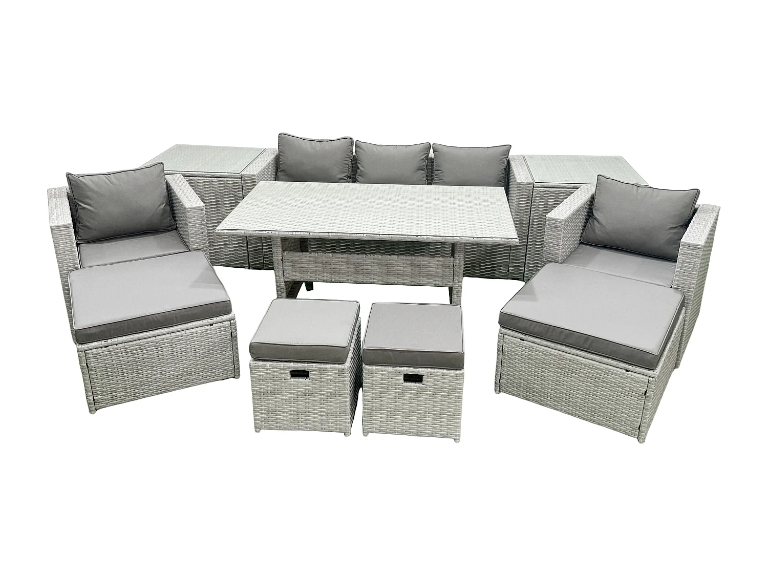 Fimous Rattan Garden Furniture Set Outdoor 9 Seater Patio Dining Sets with Glass Top Dining Table and 2 Side Tables Light Grey Mixed