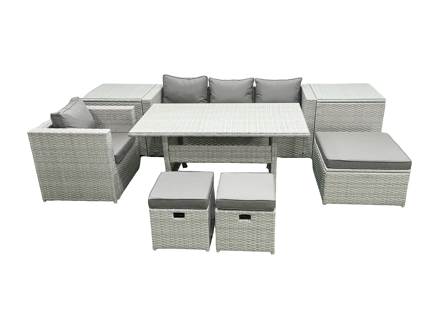 Fimous Rattan Garden Furniture Dining Set 7 Seater Lounge Sofa Chair Dining Table Set with 3 Footstools 2 Side Tables Light Grey Mixed