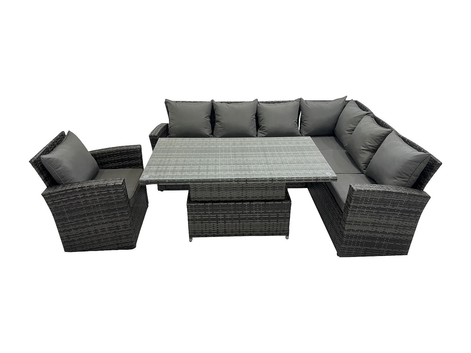 Fimous High Back PE Rattan Corner Sofa Set Garden Furniture Adjustable Rising Lifting Table Set With Armchair