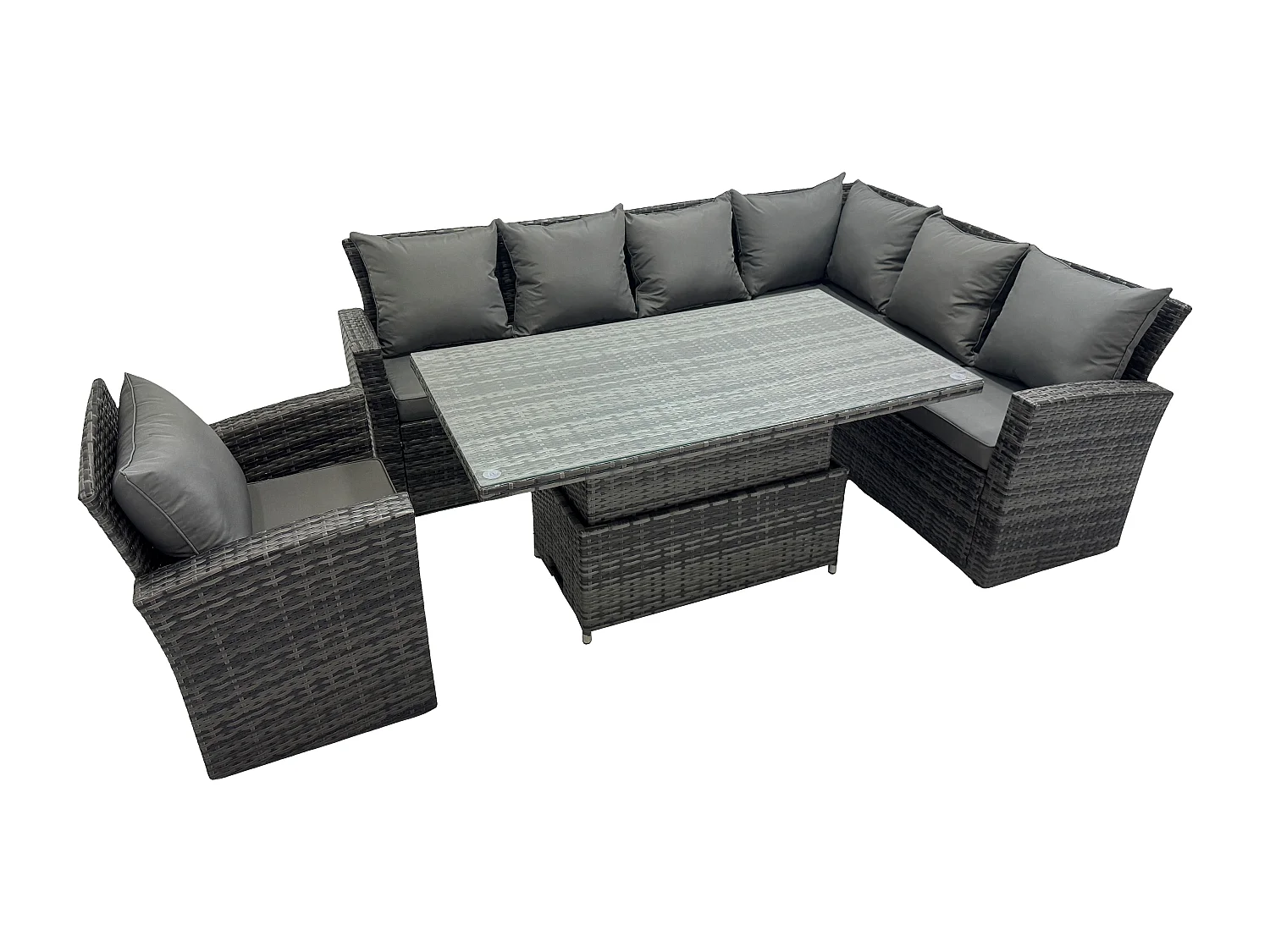 Fimous High Back PE Rattan Corner Sofa Set Garden Furniture Adjustable Rising Lifting Table Set With Armchair