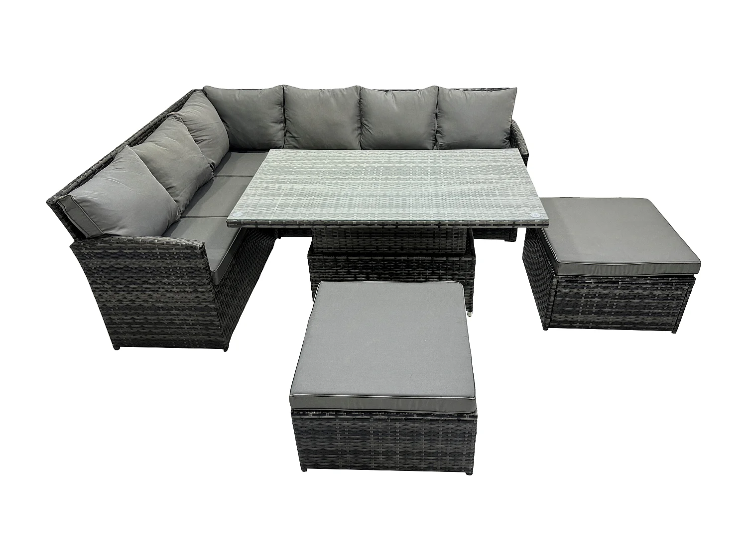 Fimous Outdoor Garden Furniture Set Wicker PE Rattan Height Adjustable Rising Lifting Table Sofa Dining Set with 2 Big Footstool Dark Grey Mixed