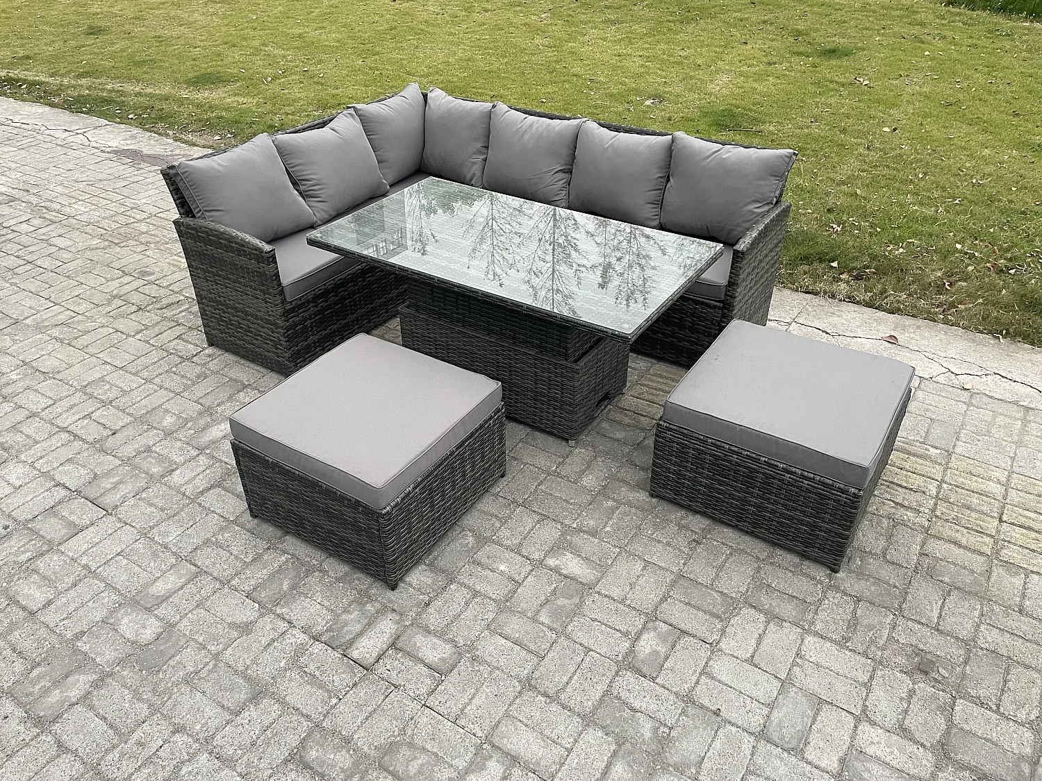 Fimous Outdoor Garden Furniture Set Wicker PE Rattan Height Adjustable Rising Lifting Table Sofa Dining Set with 2 Big Footstool Dark Grey Mixed