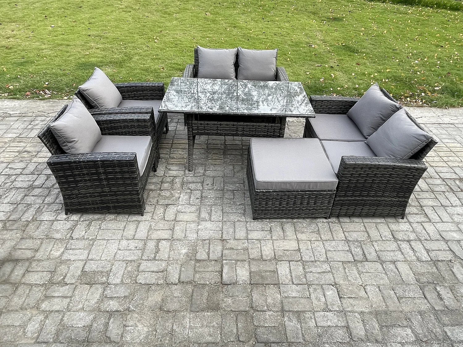Rattan Gartenmöbel-Set 7 Sitzer Terrassen mit Länglicher Esstisch Doppelsitzsofa Großer Fußhocker Dunkelgrau gemischt
