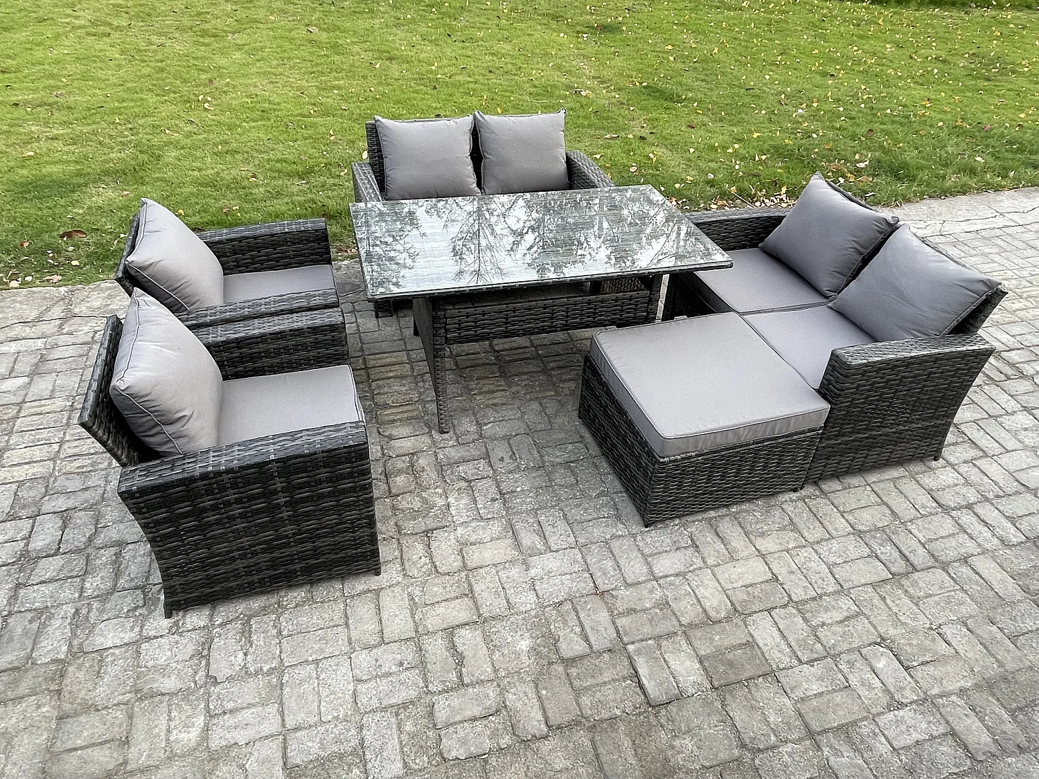 Rattan Gartenmöbel-Set 7 Sitzer Terrassen mit Länglicher Esstisch Doppelsitzsofa Großer Fußhocker Dunkelgrau gemischt