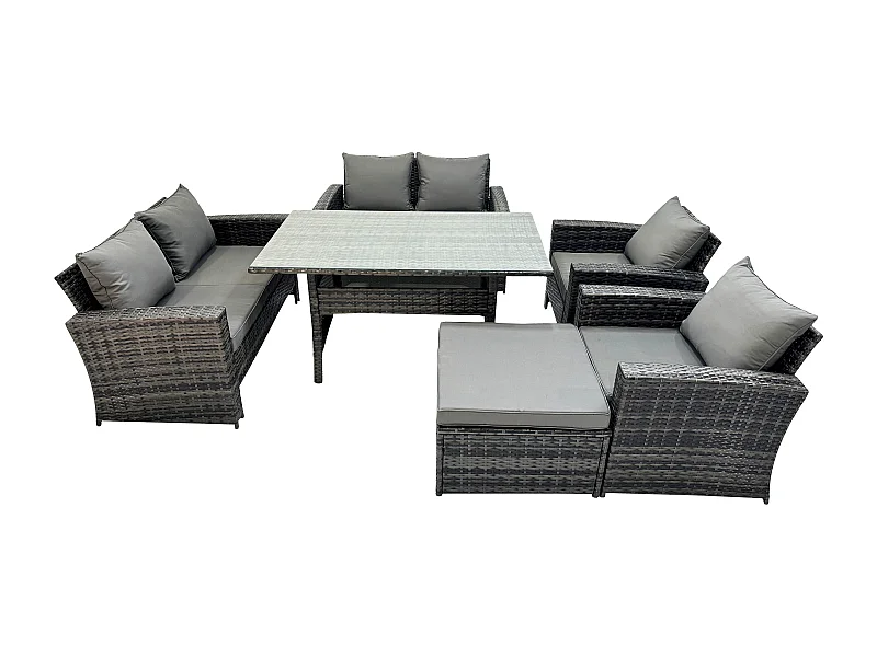 Rattan Gartenmöbel-Set 7 Sitzer Terrassen mit Länglicher Esstisch Doppelsitzsofa Großer Fußhocker Dunkelgrau gemischt