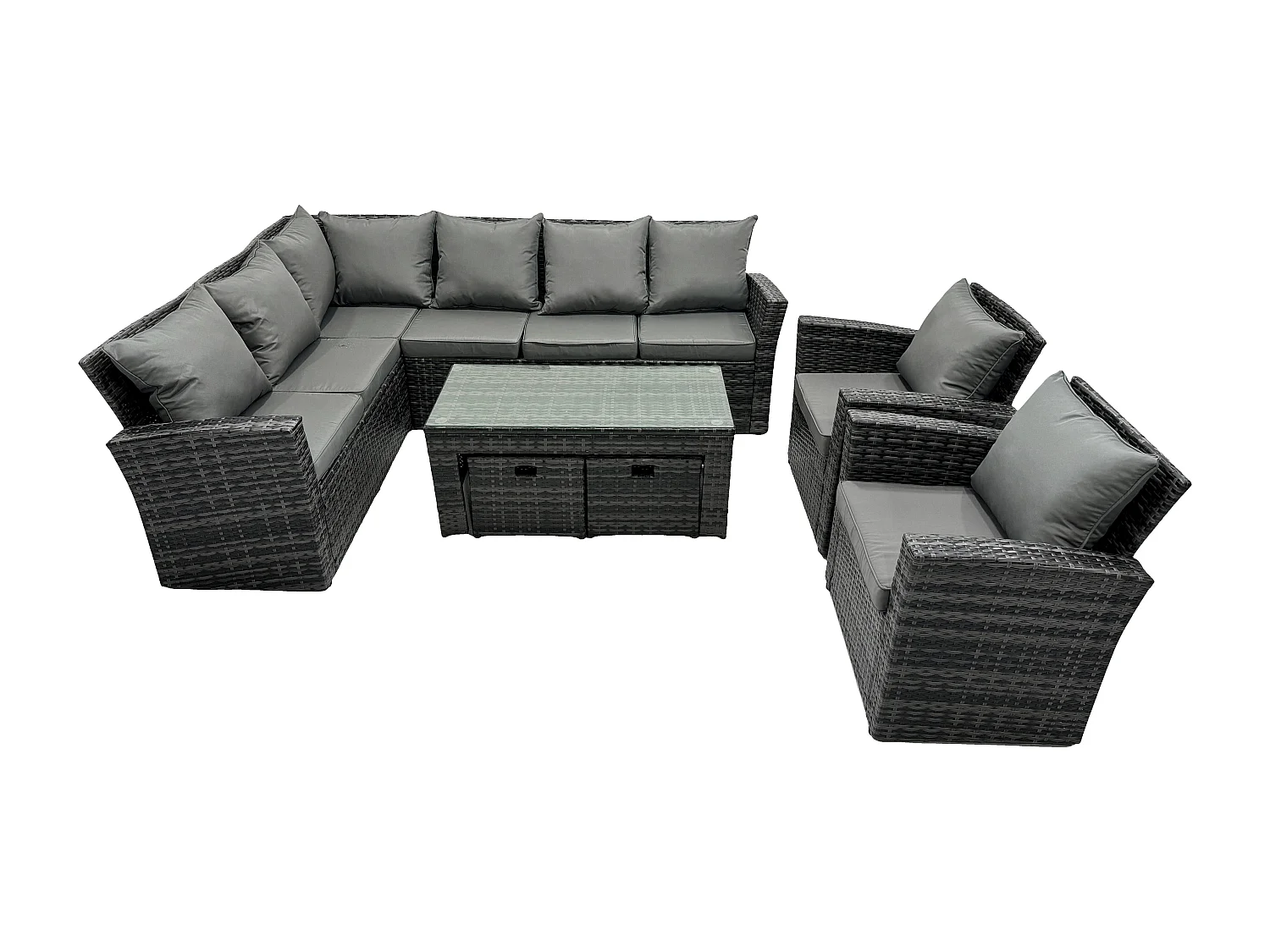Fimous 10 Seat Rattan Garden Furniture Corner Sofa Set Outdoor Patio Sofa Chair Table Set with 2 Small Footstools Dark Grey Mixed