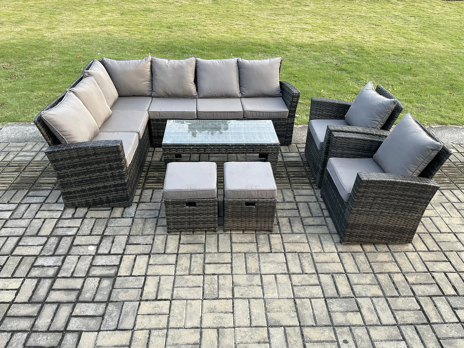 Fimous 10 Seat Rattan Garden Furniture Corner Sofa Set Outdoor Patio Sofa Chair Table Set with 2 Small Footstools Dark Grey Mixed