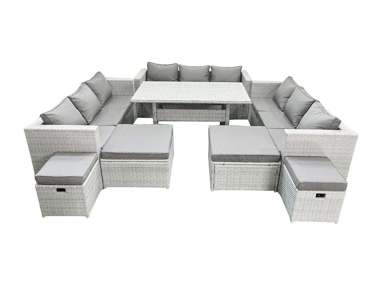 Fimous Rattan Garden Furniture Dining Set 13 Seater Lounge Sofa Dining Table Set with 4 Footstools Light Grey Mixed