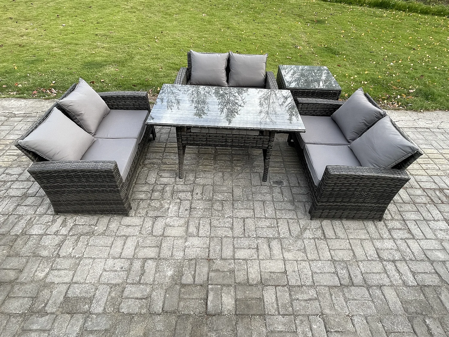 Fimous 6 Seater Rattan Wicker Garden Furniture Patio Conservatory Sofa Set Indoor Outdoor with Dining Table Double Seat Sofa Side Table