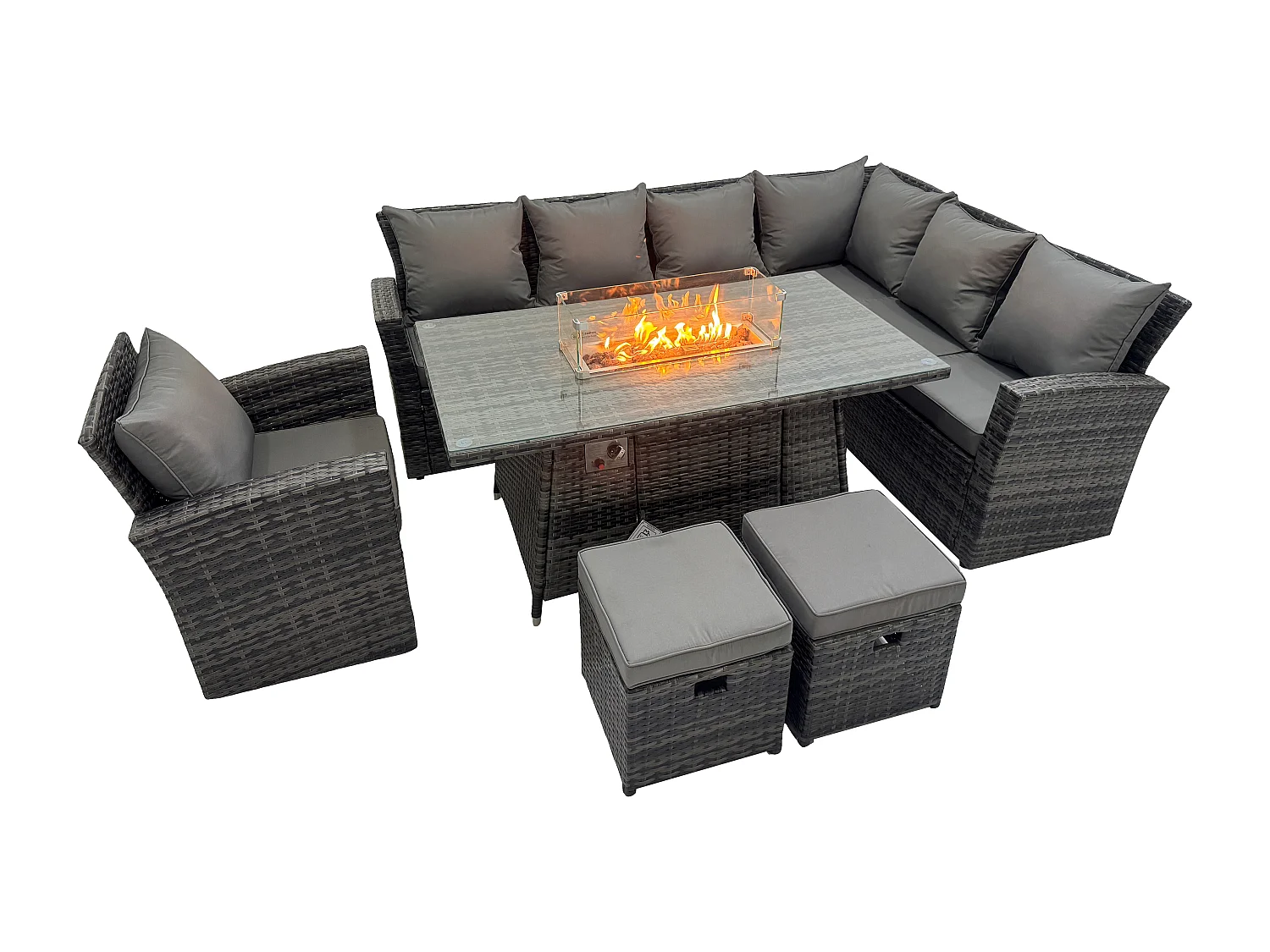 Fimous High Back Rattan Garden Furniture Sets Gas Fire Pit Dining Table Gas Heater Set Corner Sofa Small Footstools Chair 9 Seater