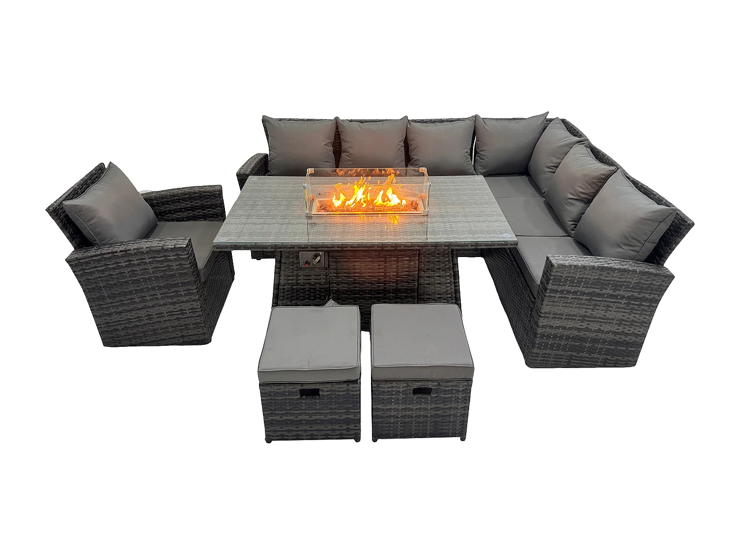 Fimous High Back Rattan Garden Furniture Sets Gas Fire Pit Dining Table Gas Heater Set Corner Sofa Small Footstools Chair 9 Seater