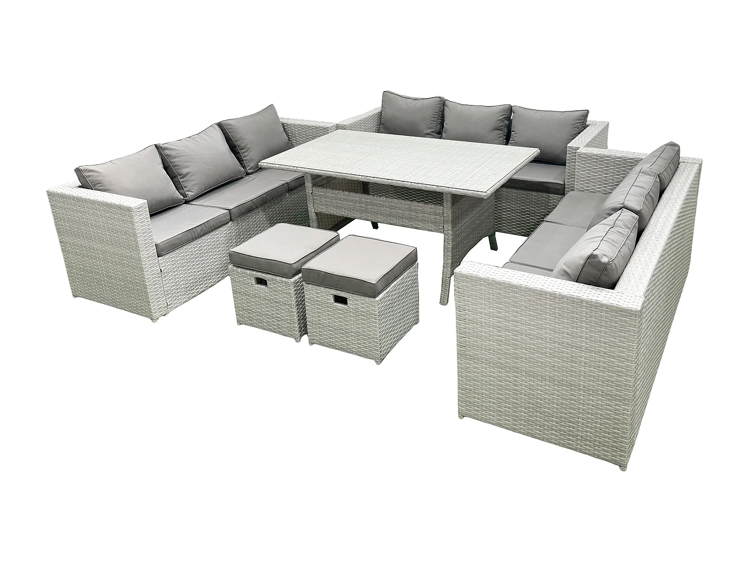 Fimous Rattan Garden Outdoor Furniture Set 11 Seater Garden Sofa Rectangulr Dining Table Set with 2 Small Footstool Light Grey Mixed