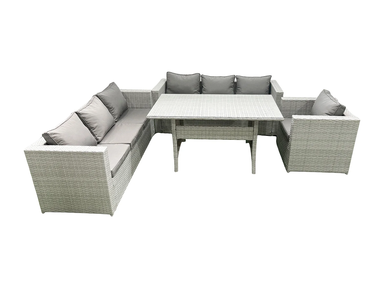 Fimous 4 Pieces Outdoor Rattan Sofa Set with Cushions Patio Garden Furniture Sets with Armchair Dining Table Light Grey Mixed