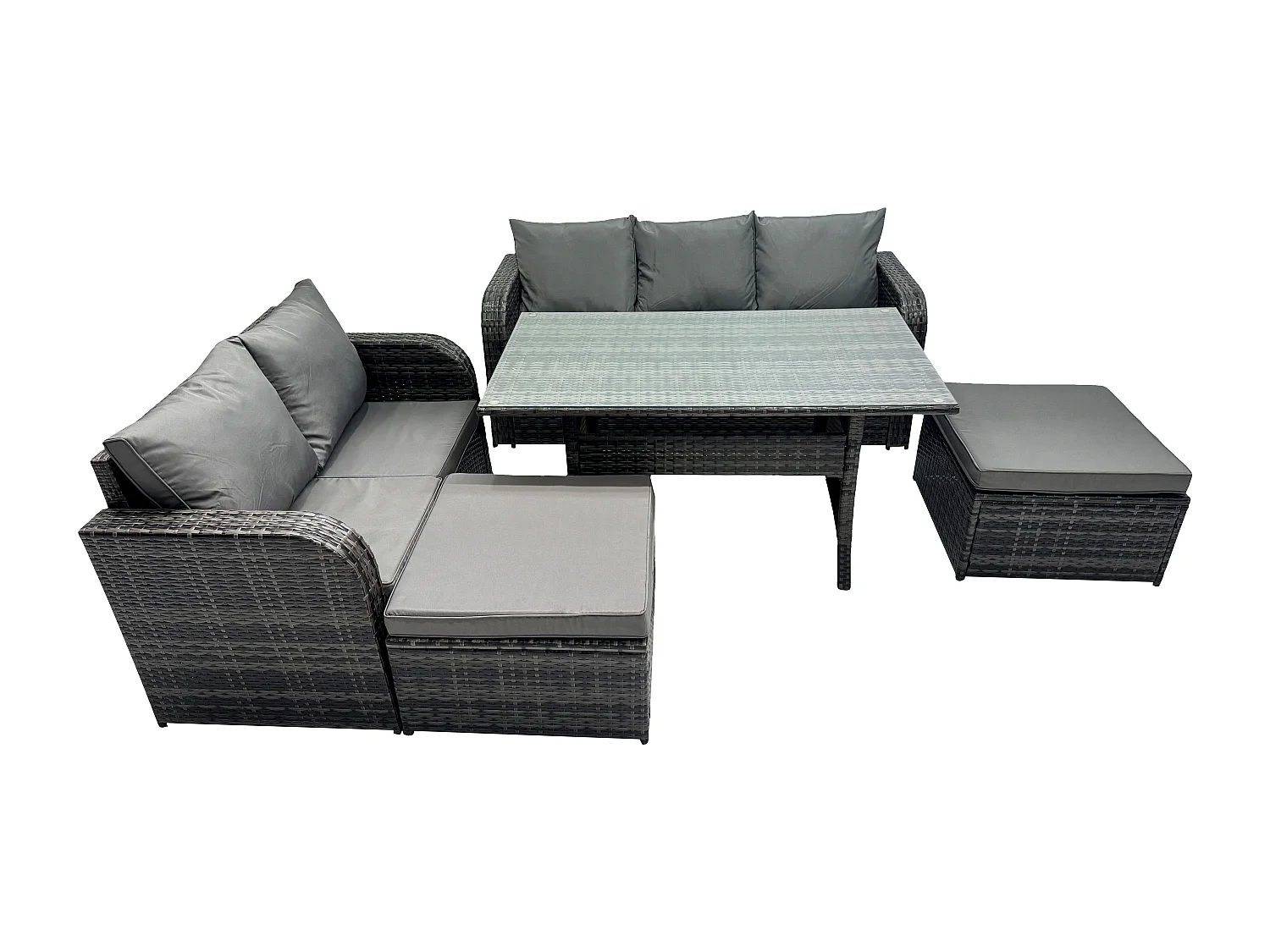 Fimous Outdoor Garden Patio Furniture Wicker Rattan Oblong Rectangular Dining Table and Lounge Sofa set with 2 Big Footstool Dark Grey Mixed