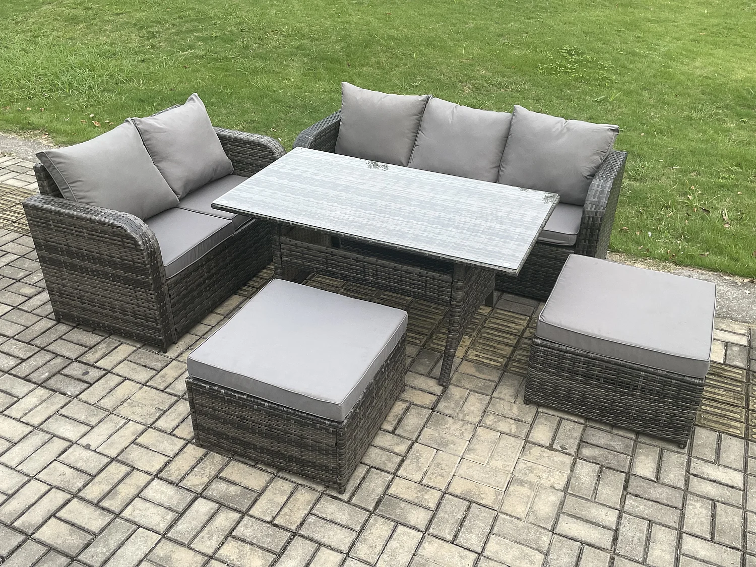 Fimous Outdoor Garden Patio Furniture Wicker Rattan Oblong Rectangular Dining Table and Lounge Sofa set with 2 Big Footstool Dark Grey Mixed