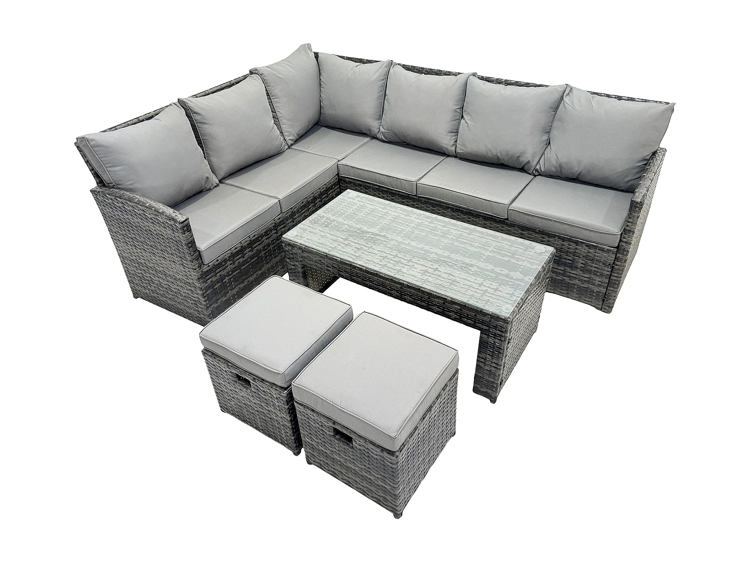 8 Sitzer Outdoor Rattan Gartenmöbel-Set Ecksofa Länger Couchtisch Sets mit Terrassen 2 kleine Fußhockern Dunkelgrau gemischt