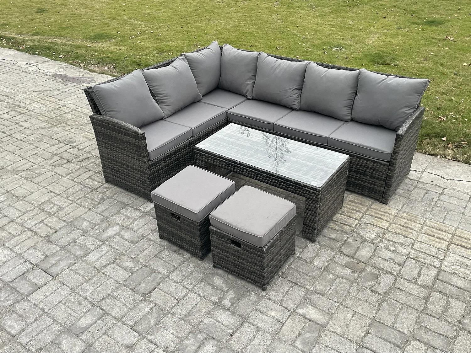 8 Sitzer Outdoor Rattan Gartenmöbel-Set Ecksofa Länger Couchtisch Sets mit Terrassen 2 kleine Fußhockern Dunkelgrau gemischt