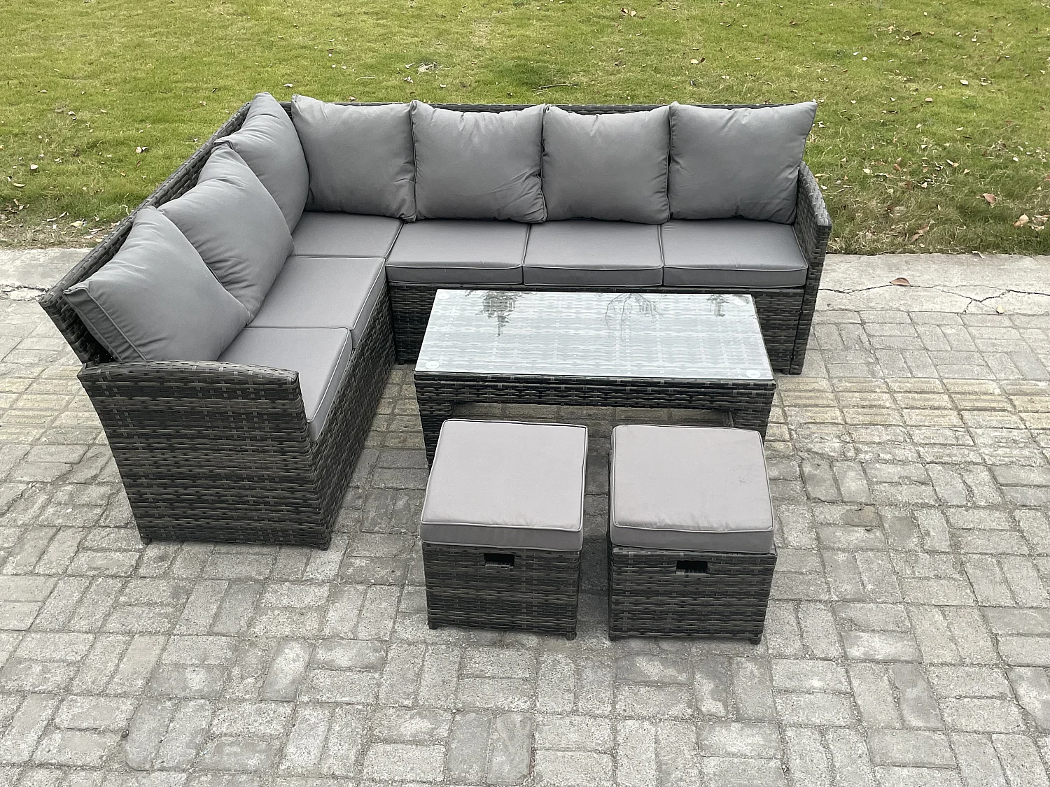 8 Sitzer Outdoor Rattan Gartenmöbel-Set Ecksofa Länger Couchtisch Sets mit Terrassen 2 kleine Fußhockern Dunkelgrau gemischt