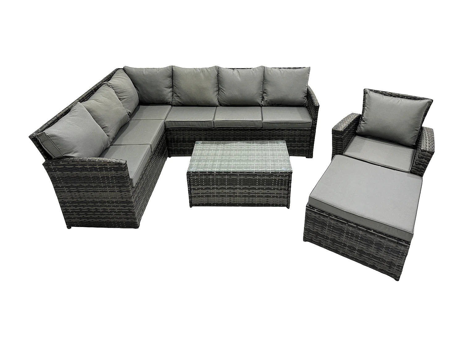 8 Sitzer Gartenmöbel-Set aus Rattan mit Couchtisch Großer Fußhocker Sesseln Dunkelgrau gemischt