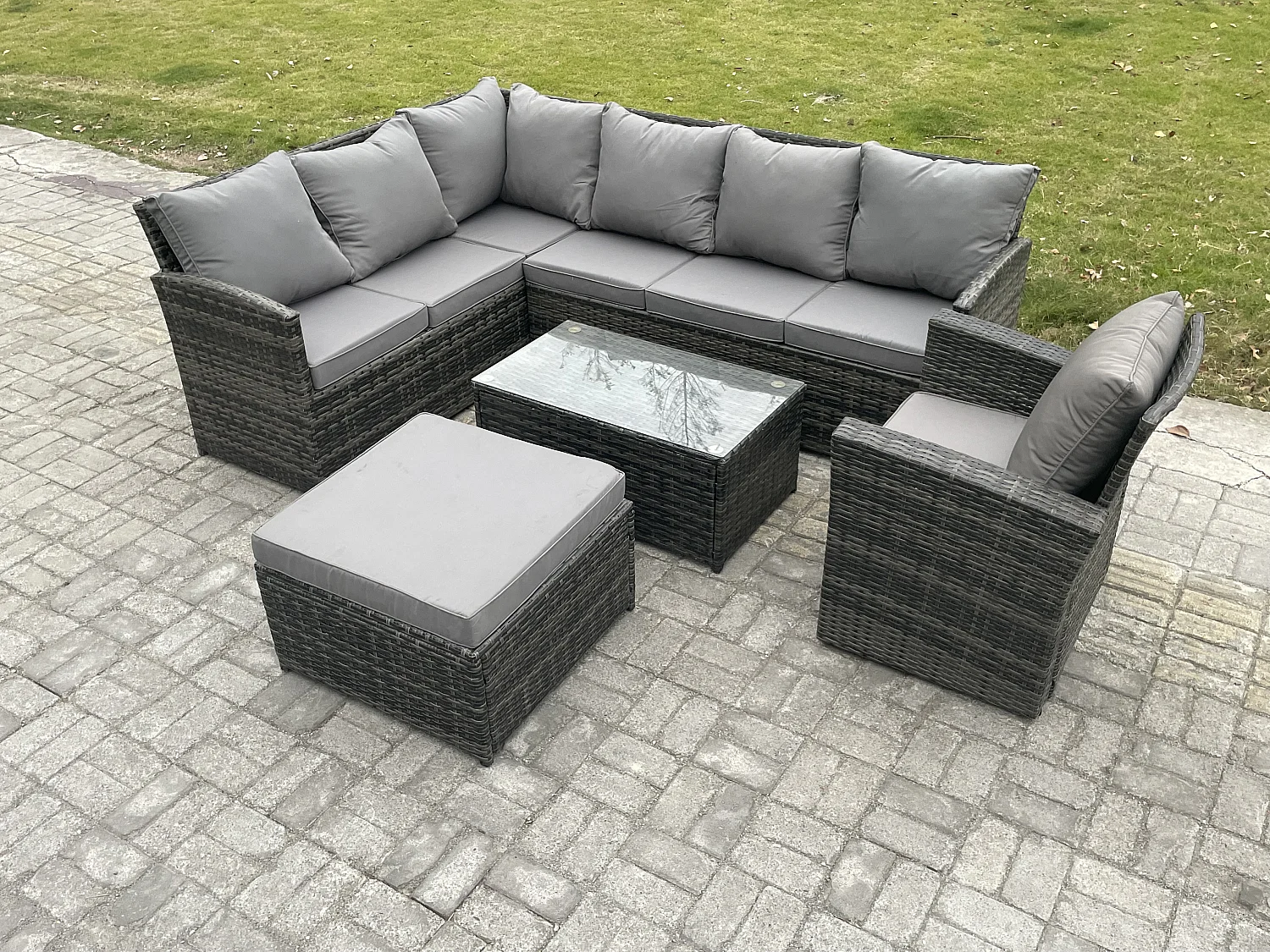 8 Sitzer Gartenmöbel-Set aus Rattan mit Couchtisch Großer Fußhocker Sesseln Dunkelgrau gemischt