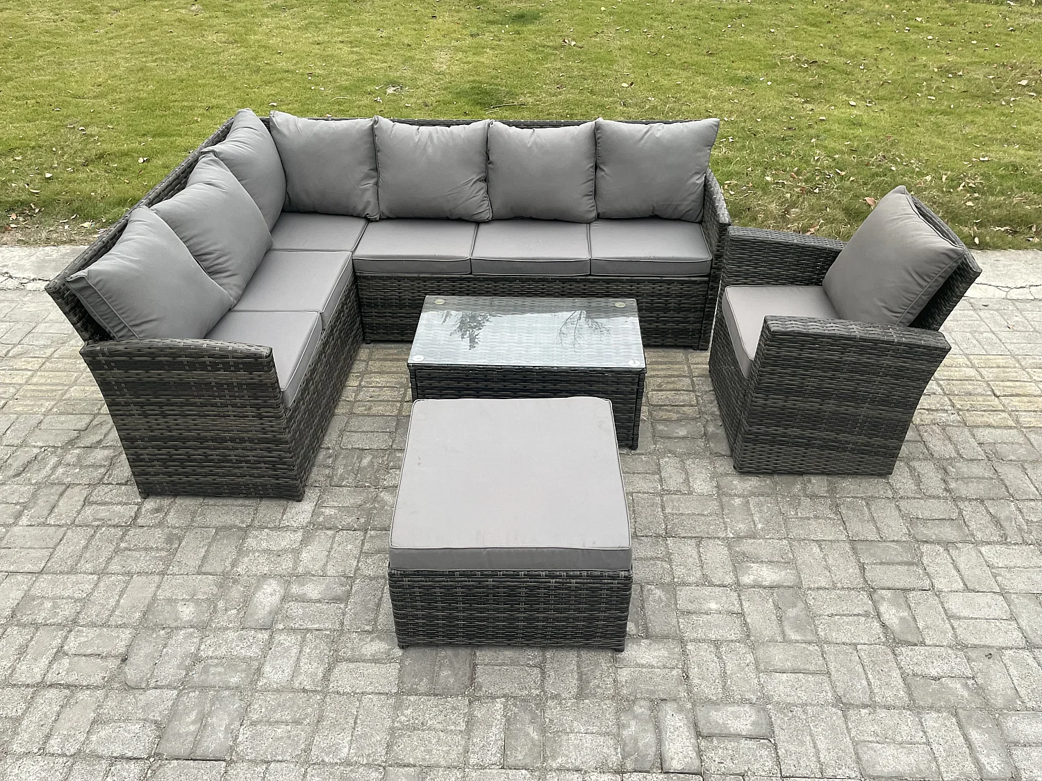 8 Sitzer Gartenmöbel-Set aus Rattan mit Couchtisch Großer Fußhocker Sesseln Dunkelgrau gemischt